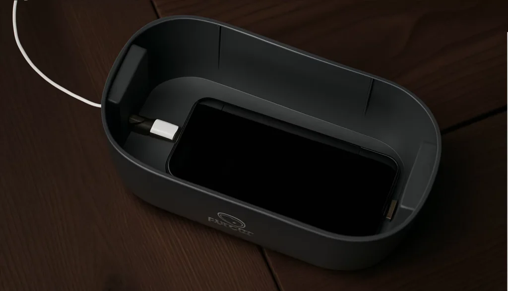 Close-up of a phone charging inside the Mindsight lock box through the dedicated cable slot.