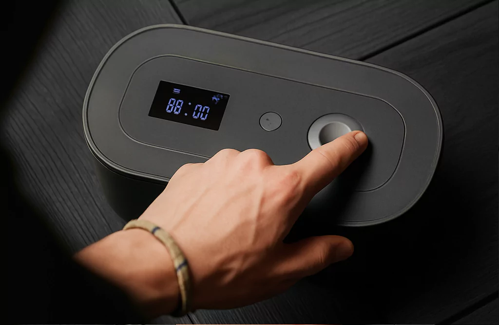 A person's hand is setting the timer on the Mindsight lock box.