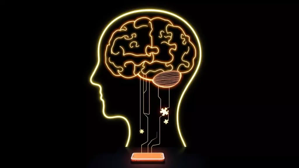 onceptual illustration showing a brain's energy being drained away by a glowing smartphone, representing the cognitive load and lost focus from digital distraction.