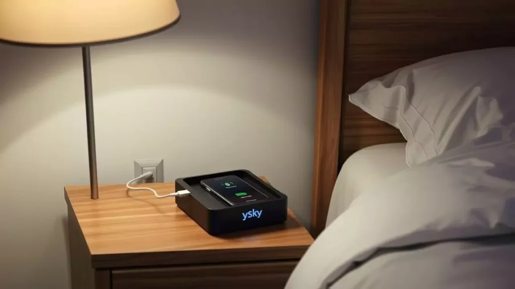 The ySky Phone Lock Box on a nightstand next to a bed, with the phone charging inside overnight to prevent late-night scrolling.