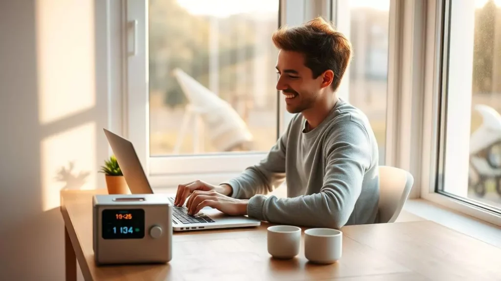 A writer in a state of deep work, smiling slightly at their laptop in a sunlit room, with a timed lock box visible on the edge of their tidy desk.