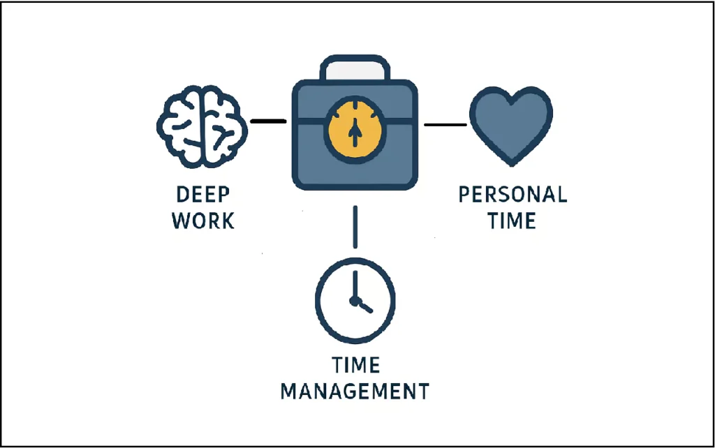 Infographic showing three icons: a brain for deep work, a clock for Pomodoro sessions, and a heart for personal time, all linked to a central icon of a timed lock box.