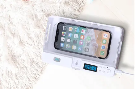 A modern phone lock box showcasing advanced features like a charging slot and an emergency override button.