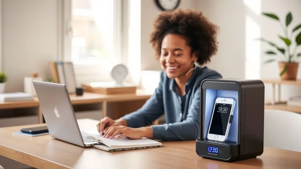 Focused person working with phone locked in a box timer