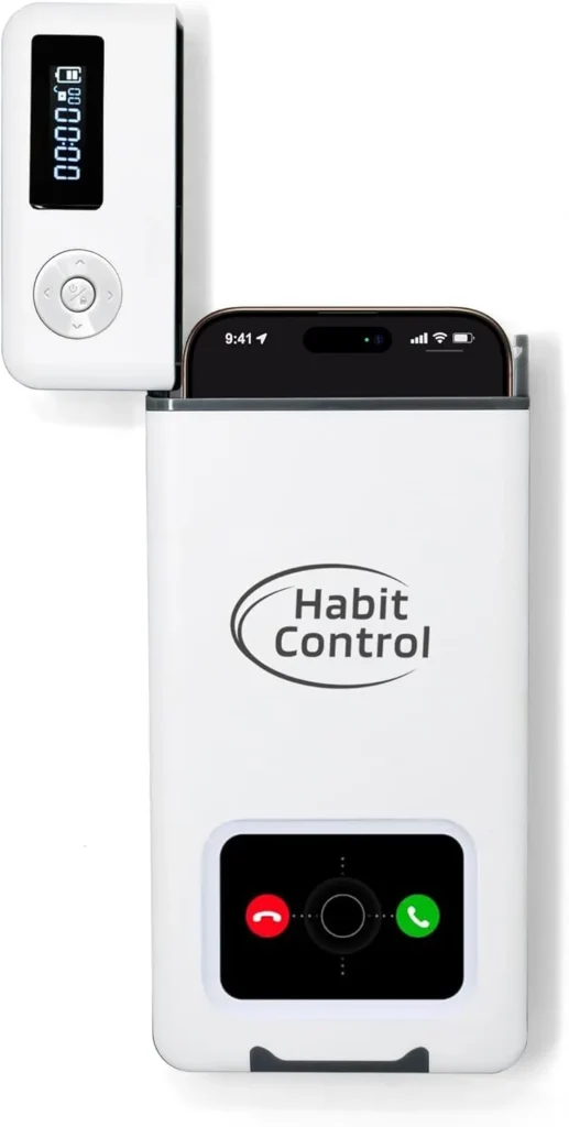 The white Habit Control cell phone lock box with its timer display lit up.