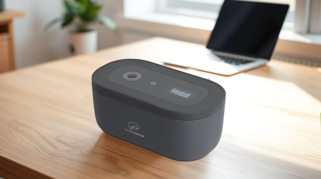 Mindsight timed lock box and a laptop on the table