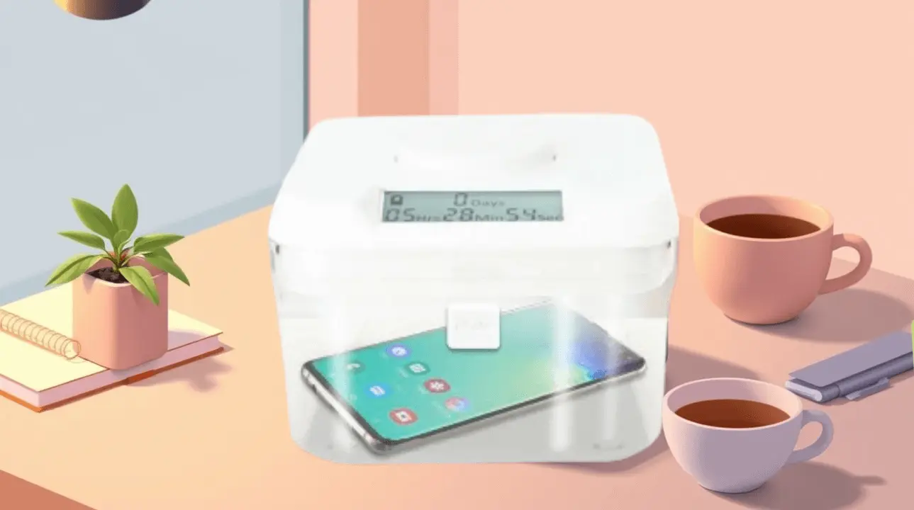 A modern white phone lock box timer on a desk with a smartphone locked inside, representing digital wellness.
