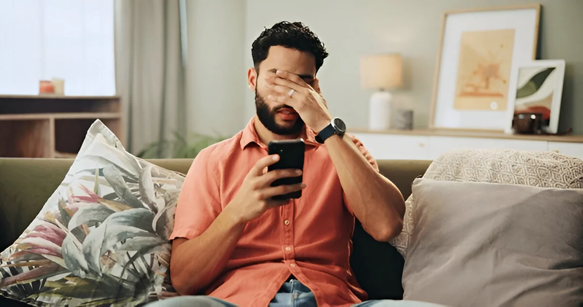 A visual comparison showing a man stressed by phone notifications versus feeling calm after taking a digital detox with a phone lock box.