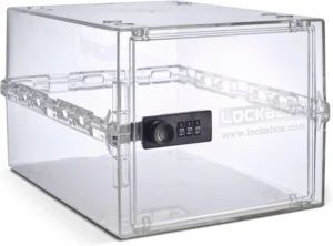 The clear Lockabox One with its 3-digit combination lock on the front.