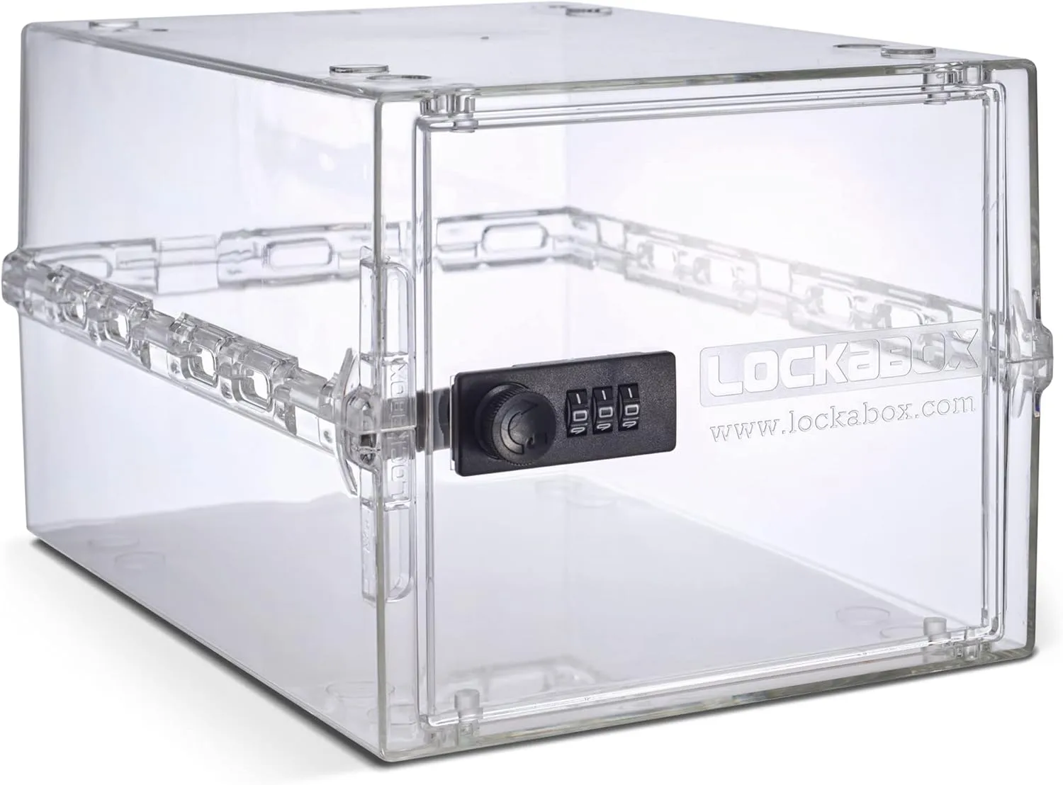 The clear Lockabox One with its 3-digit combination lock on the front.