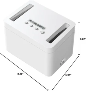 The sturdy Vaydeer Metal Timed Lock Box, highlighting its durable metal construction.