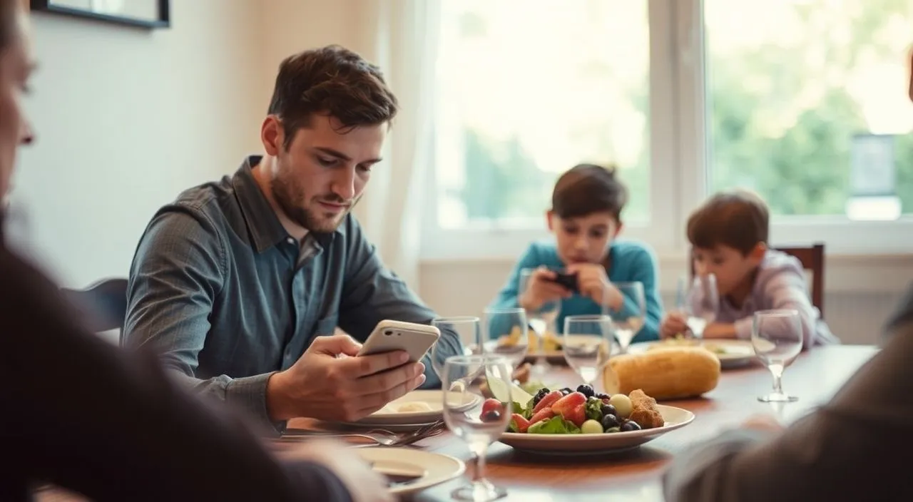 A person looking at their phone during a family dinner, an example of phubbing that harms relationships.