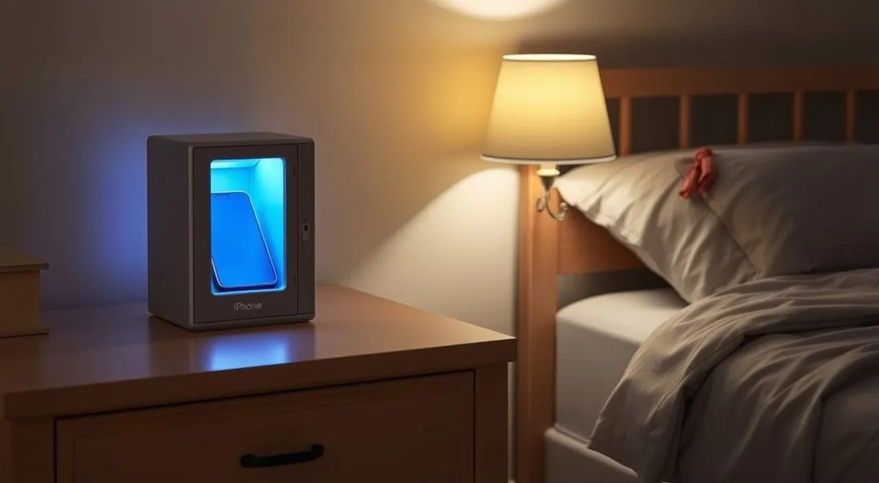A phone lock box on a dresser away from the bed to illustrate how it improves sleep by reducing blue light exposure at night.