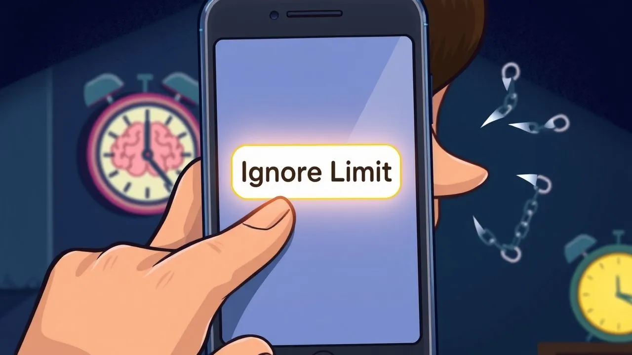 A smartphone screen showing the 'Ignore Limit' button, demonstrating how easy it is to bypass screen time apps.