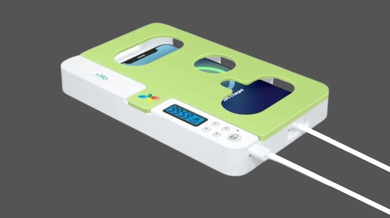 A smartphone secured inside a white phone lock box on a wooden desk, symbolizing digital wellness and focus.