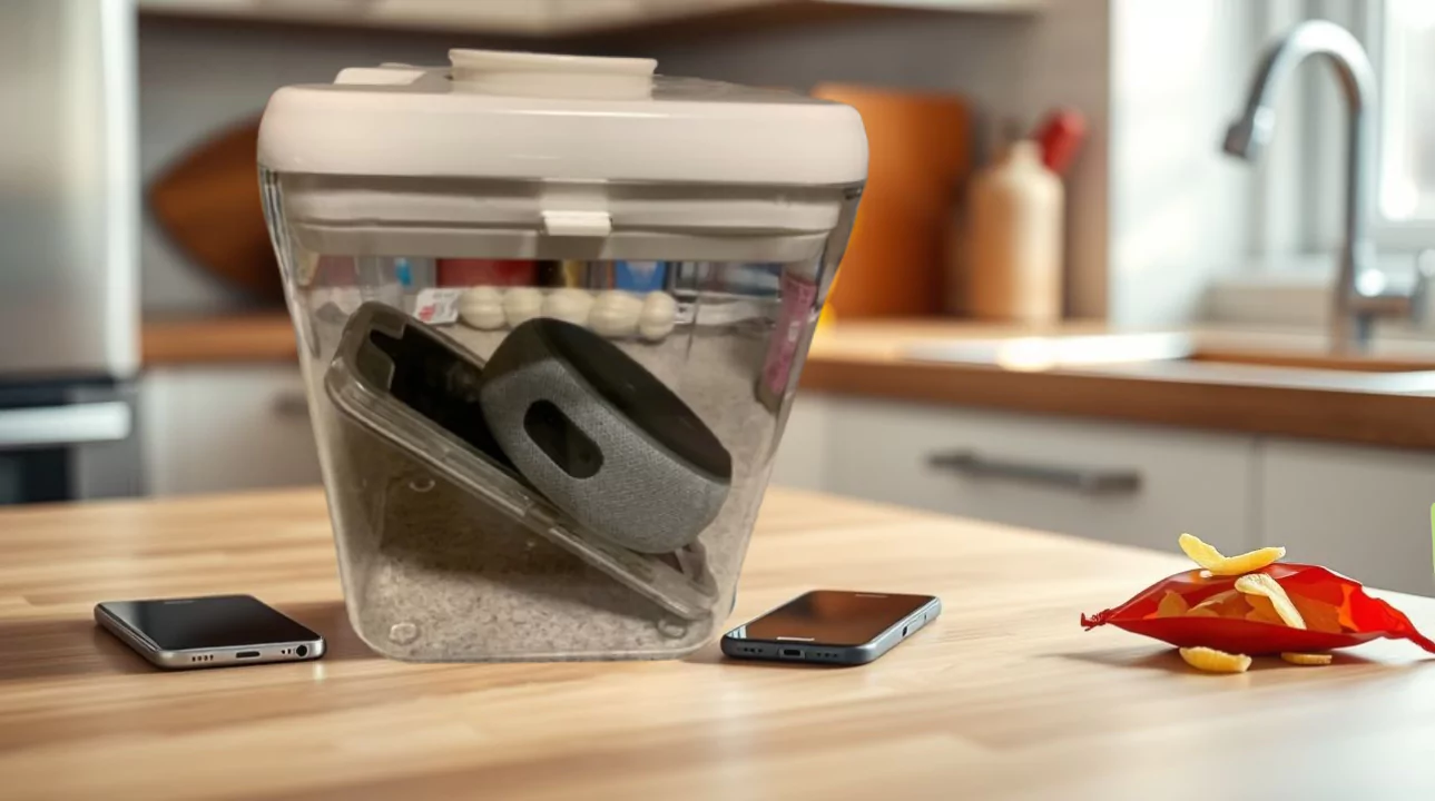 A KSafe timed lock box with a white lid sitting on a modern kitchen counter next to a smartphone and a bag of tempting chips.