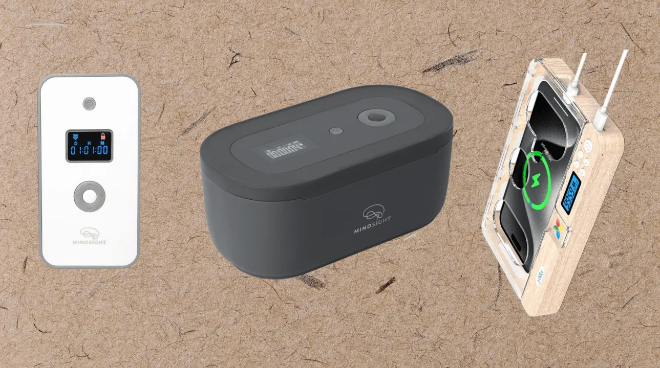 Three different types of phone lock boxes: a standard opaque model, a clear phone case, and a signal-blocking box.