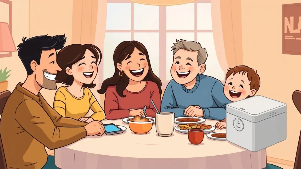 A family enjoying a phone-free dinner, talking and laughing together as a result of using a tool to reduce screen time.